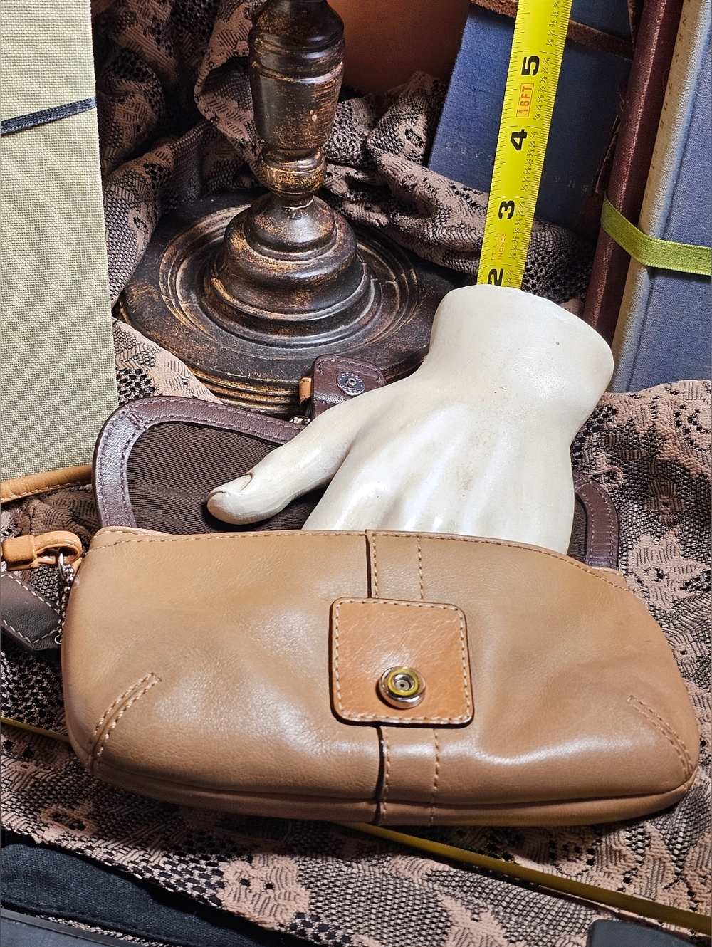Vintage Coach Tan Leather Buckle Flap Wristlet Clutch Y2K